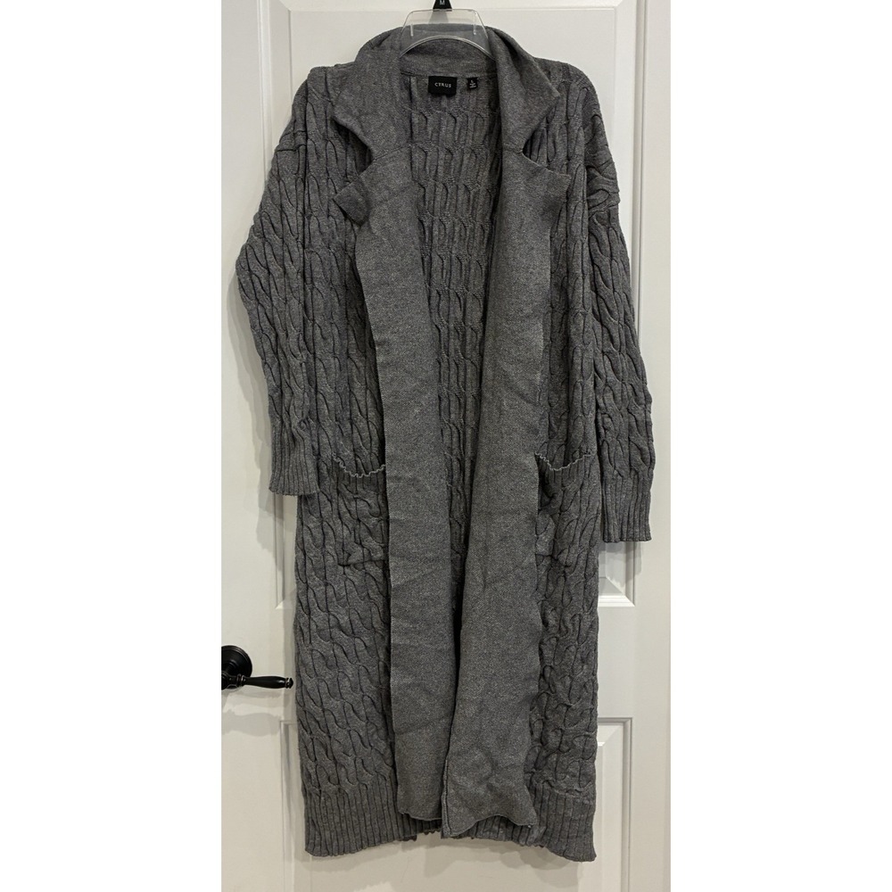 Cyrus Cable Knit Open Front Longline Pocket Cardigan Sweater Size Large Gray